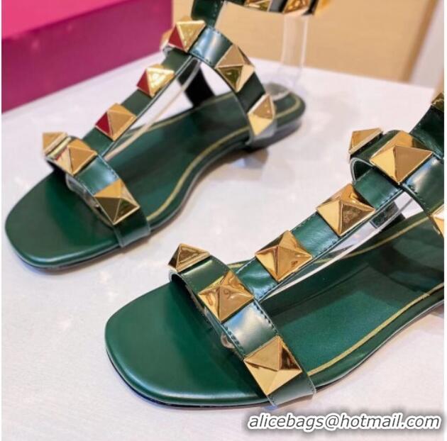 Top Quality Valentino Roman Stud Calfskin Strap Flat Sandals 081316 Green 2021