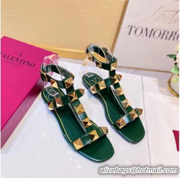 Top Quality Valentino Roman Stud Calfskin Strap Flat Sandals 081316 Green 2021