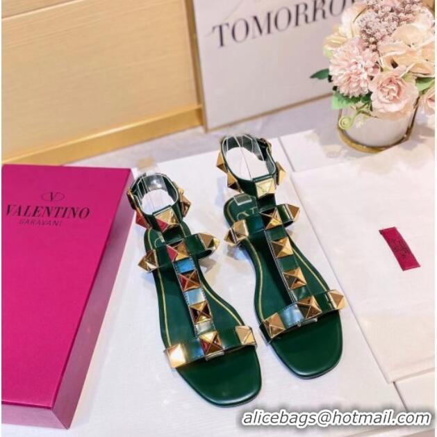 Top Quality Valentino Roman Stud Calfskin Strap Flat Sandals 081316 Green 2021