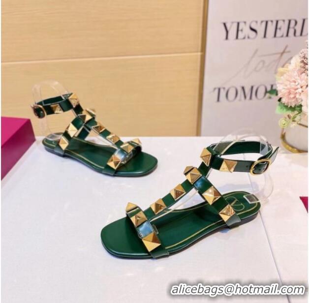 Top Quality Valentino Roman Stud Calfskin Strap Flat Sandals 081316 Green 2021