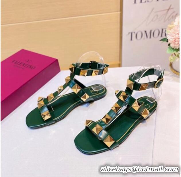 Top Quality Valentino Roman Stud Calfskin Strap Flat Sandals 081316 Green 2021