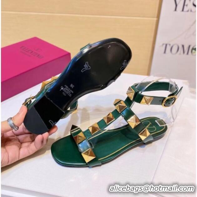 Top Quality Valentino Roman Stud Calfskin Strap Flat Sandals 081316 Green 2021