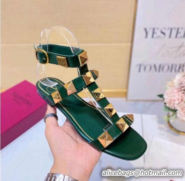 Top Quality Valentino Roman Stud Calfskin Strap Flat Sandals 081316 Green 2021