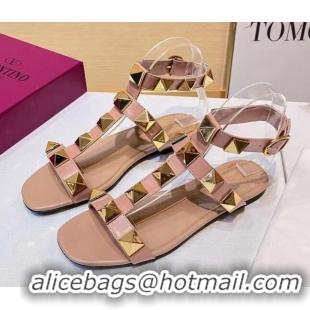 Best Luxury Valentino Roman Stud Calfskin Strap Flat Sandals 081316 Nude Pink