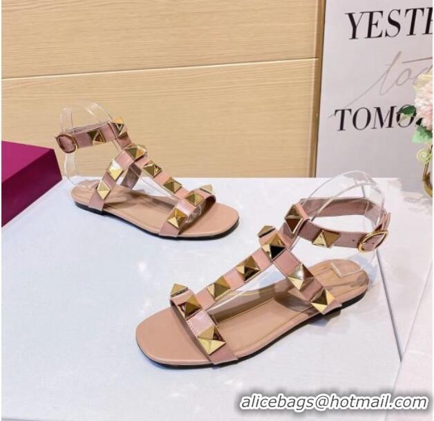 Best Luxury Valentino Roman Stud Calfskin Strap Flat Sandals 081316 Nude Pink