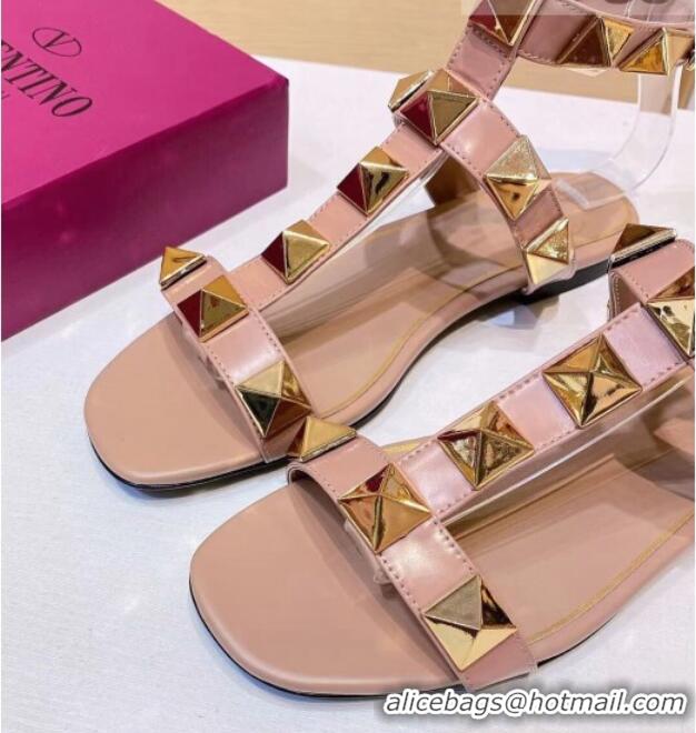 Best Luxury Valentino Roman Stud Calfskin Strap Flat Sandals 081316 Nude Pink