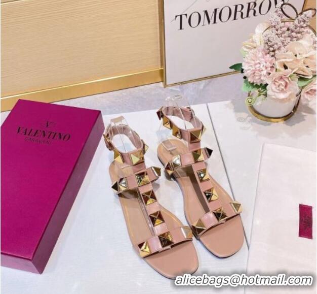 Best Luxury Valentino Roman Stud Calfskin Strap Flat Sandals 081316 Nude Pink