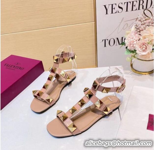 Best Luxury Valentino Roman Stud Calfskin Strap Flat Sandals 081316 Nude Pink