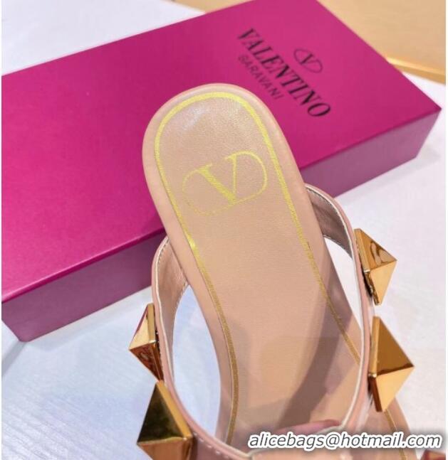 Best Luxury Valentino Roman Stud Calfskin Strap Flat Sandals 081316 Nude Pink