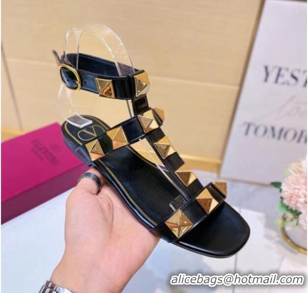 Low Cost Valentino Roman Stud Calfskin Strap Flat Sandals 081316 Black