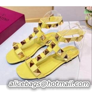 Good Quality Valentino Roman Stud Calfskin Strap Flat Sandals 081316 Yellow