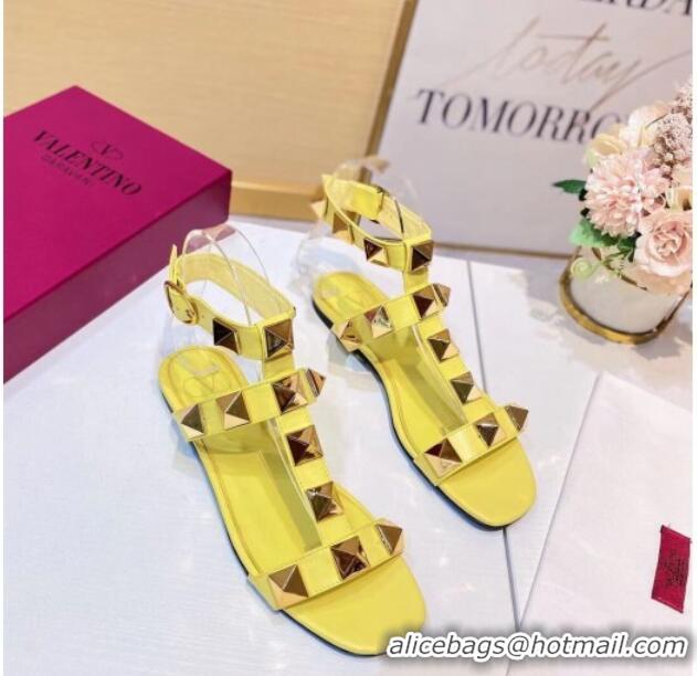 Good Quality Valentino Roman Stud Calfskin Strap Flat Sandals 081316 Yellow