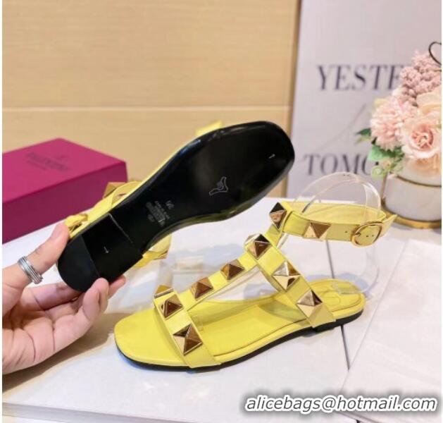 Good Quality Valentino Roman Stud Calfskin Strap Flat Sandals 081316 Yellow