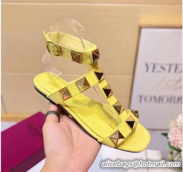 Good Quality Valentino Roman Stud Calfskin Strap Flat Sandals 081316 Yellow