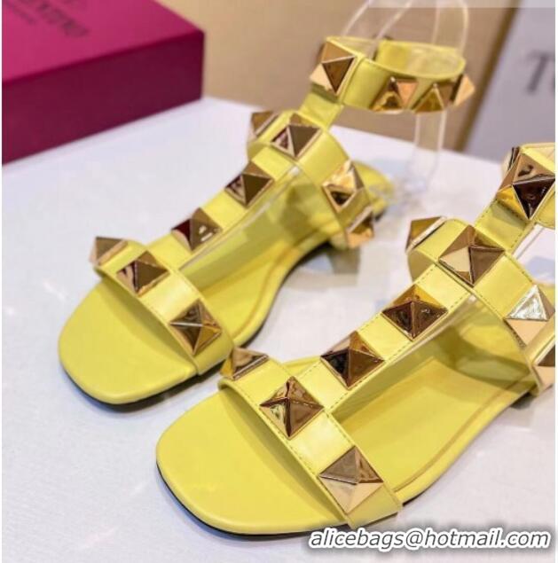 Good Quality Valentino Roman Stud Calfskin Strap Flat Sandals 081316 Yellow