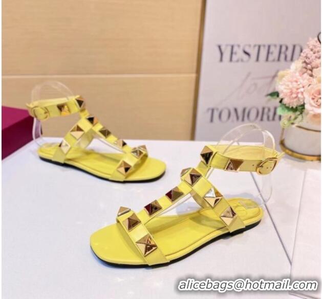 Good Quality Valentino Roman Stud Calfskin Strap Flat Sandals 081316 Yellow