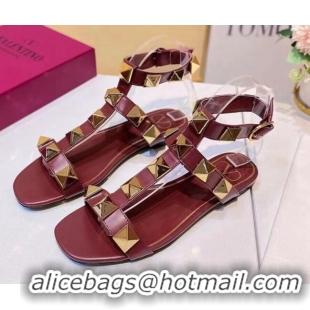 Shop Valentino Roman Stud Calfskin Strap Flat Sandals 081316 Burgundy