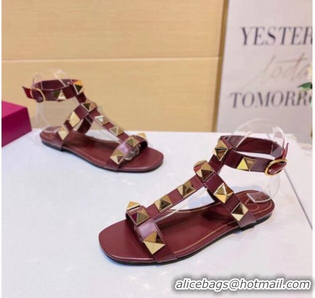 Shop Valentino Roman Stud Calfskin Strap Flat Sandals 081316 Burgundy