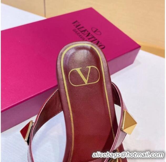 Shop Valentino Roman Stud Calfskin Strap Flat Sandals 081316 Burgundy