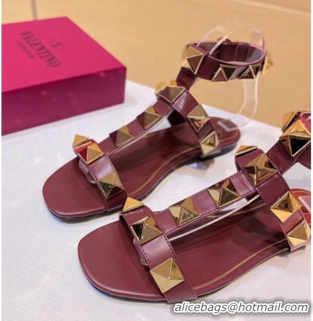 Shop Valentino Roman Stud Calfskin Strap Flat Sandals 081316 Burgundy