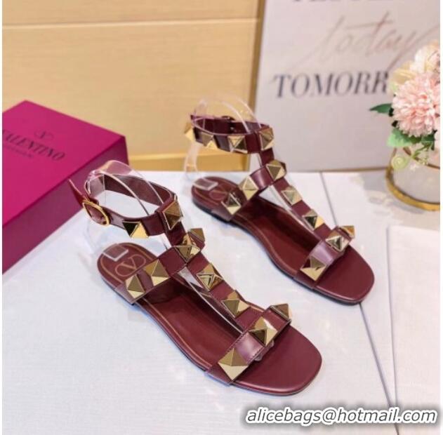 Shop Valentino Roman Stud Calfskin Strap Flat Sandals 081316 Burgundy