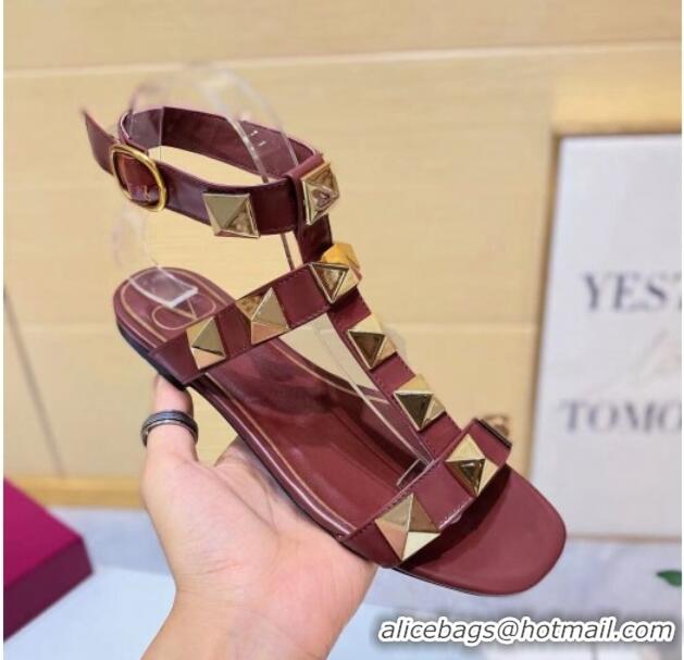 Shop Valentino Roman Stud Calfskin Strap Flat Sandals 081316 Burgundy