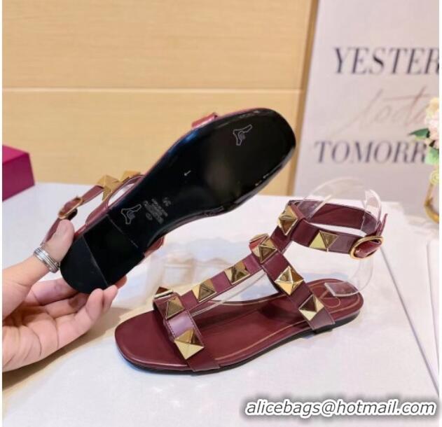 Shop Valentino Roman Stud Calfskin Strap Flat Sandals 081316 Burgundy