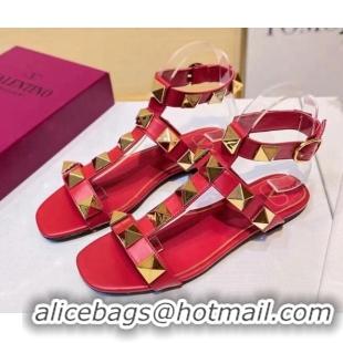 Most Popular Valentino Roman Stud Calfskin Strap Flat Sandals 081316 Red