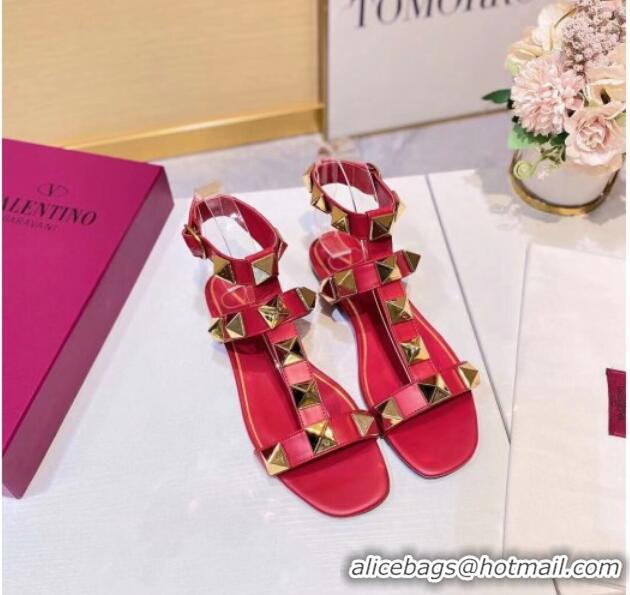 Most Popular Valentino Roman Stud Calfskin Strap Flat Sandals 081316 Red