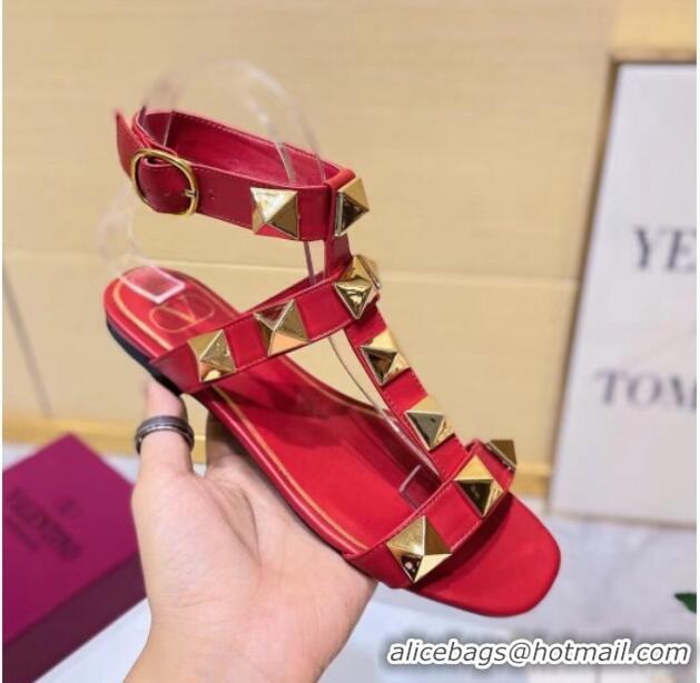 Most Popular Valentino Roman Stud Calfskin Strap Flat Sandals 081316 Red