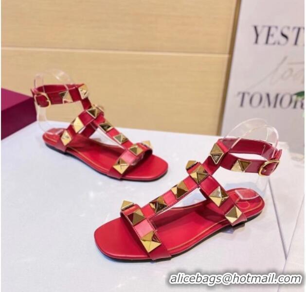 Most Popular Valentino Roman Stud Calfskin Strap Flat Sandals 081316 Red