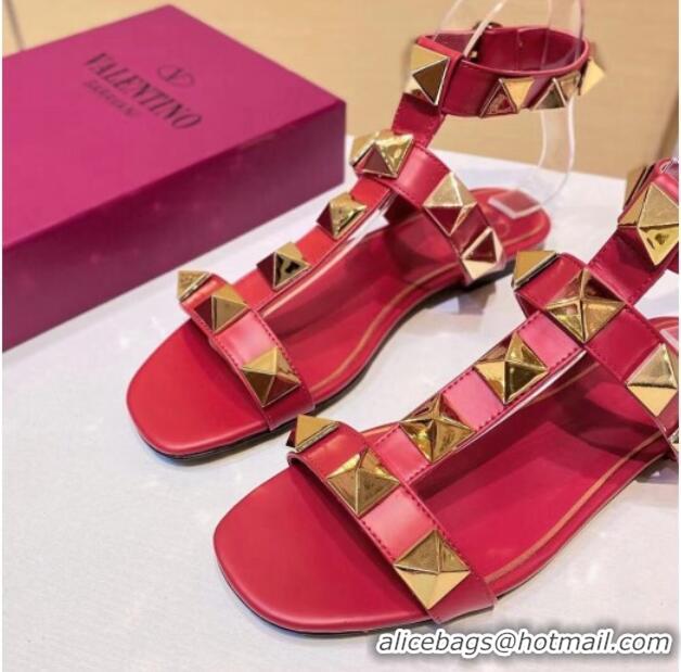 Most Popular Valentino Roman Stud Calfskin Strap Flat Sandals 081316 Red