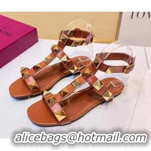 Reasonable Price Valentino Roman Stud Calfskin Strap Flat Sandals 081316 Brown