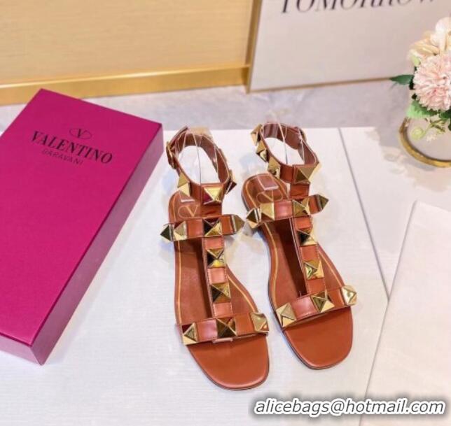 Reasonable Price Valentino Roman Stud Calfskin Strap Flat Sandals 081316 Brown