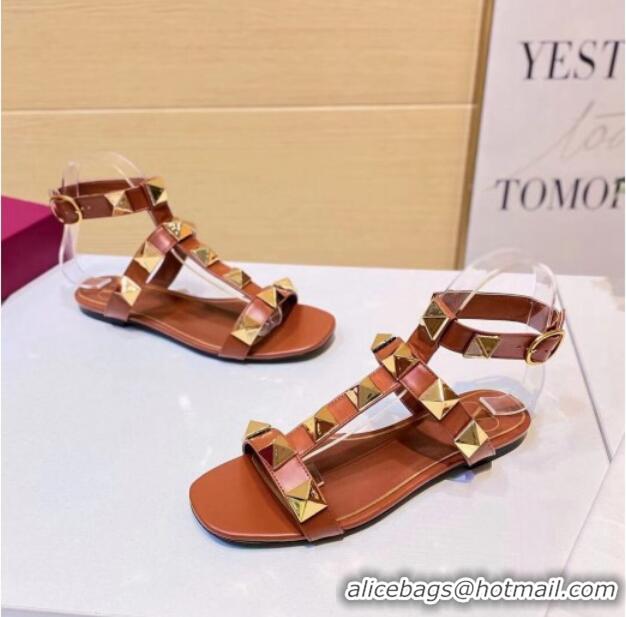 Reasonable Price Valentino Roman Stud Calfskin Strap Flat Sandals 081316 Brown