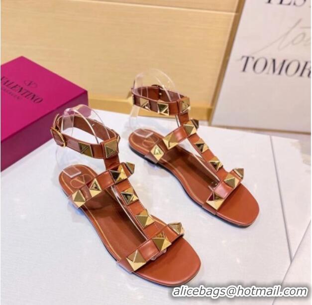 Reasonable Price Valentino Roman Stud Calfskin Strap Flat Sandals 081316 Brown