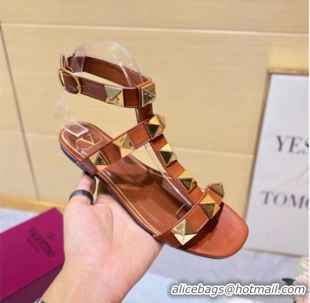 Reasonable Price Valentino Roman Stud Calfskin Strap Flat Sandals 081316 Brown