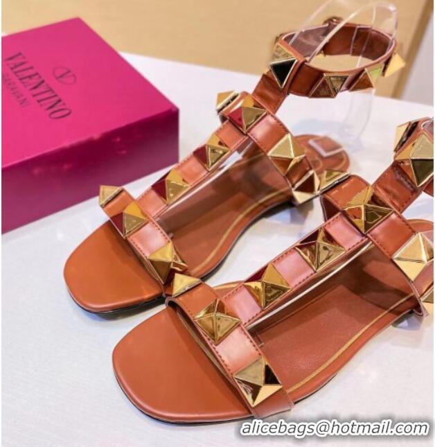 Reasonable Price Valentino Roman Stud Calfskin Strap Flat Sandals 081316 Brown