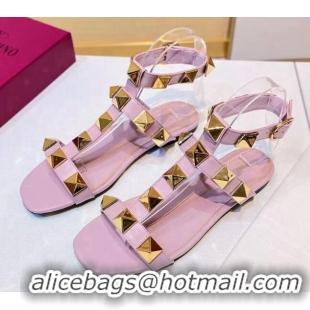 Unique Grade Valentino Roman Stud Calfskin Strap Flat Sandals 081316 Light Pink