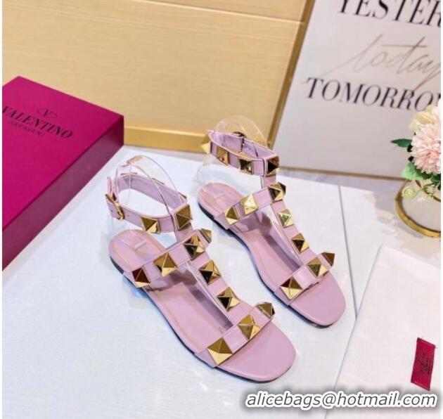 Unique Grade Valentino Roman Stud Calfskin Strap Flat Sandals 081316 Light Pink