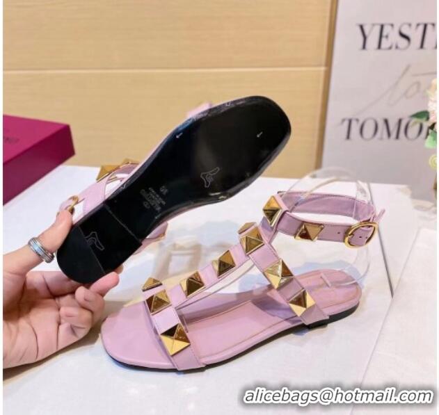 Unique Grade Valentino Roman Stud Calfskin Strap Flat Sandals 081316 Light Pink