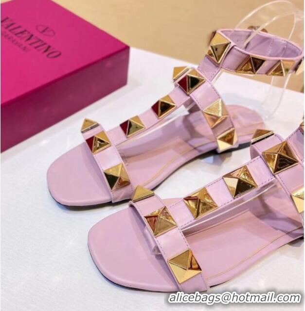 Unique Grade Valentino Roman Stud Calfskin Strap Flat Sandals 081316 Light Pink