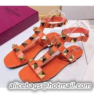 Pretty Style Valentino Roman Stud Calfskin Strap Flat Sandals 081316 Orange