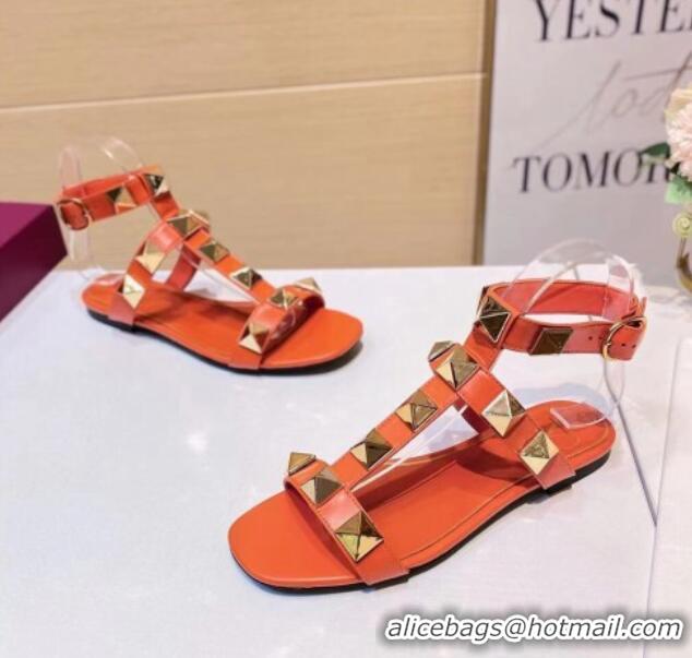 Pretty Style Valentino Roman Stud Calfskin Strap Flat Sandals 081316 Orange