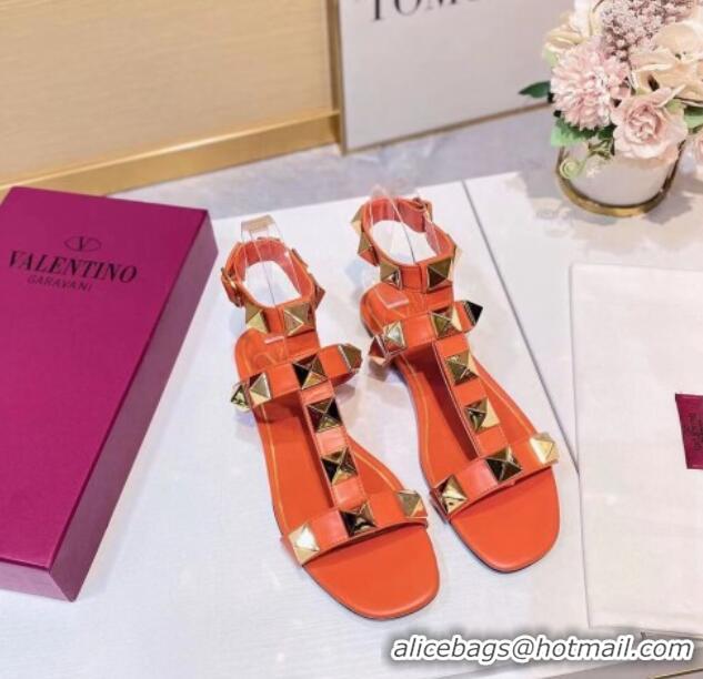 Pretty Style Valentino Roman Stud Calfskin Strap Flat Sandals 081316 Orange