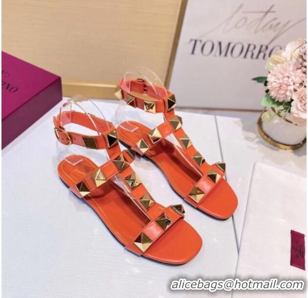 Pretty Style Valentino Roman Stud Calfskin Strap Flat Sandals 081316 Orange