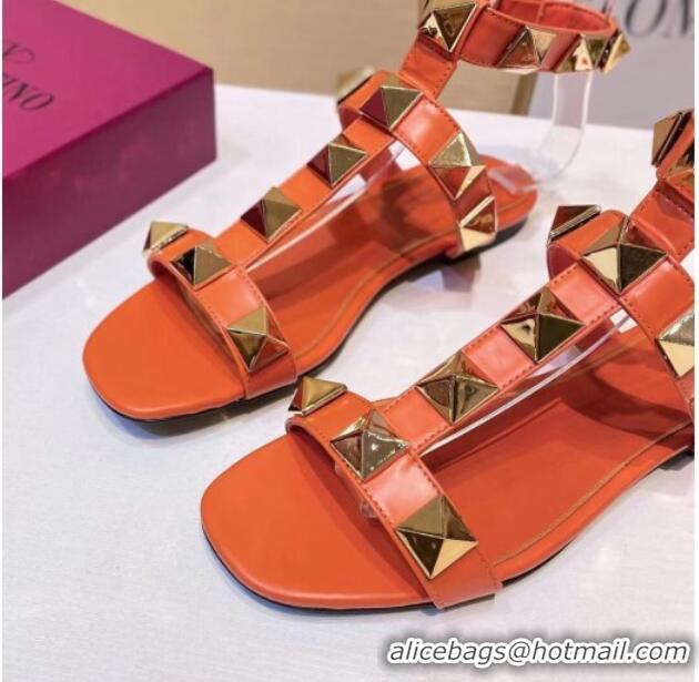 Pretty Style Valentino Roman Stud Calfskin Strap Flat Sandals 081316 Orange