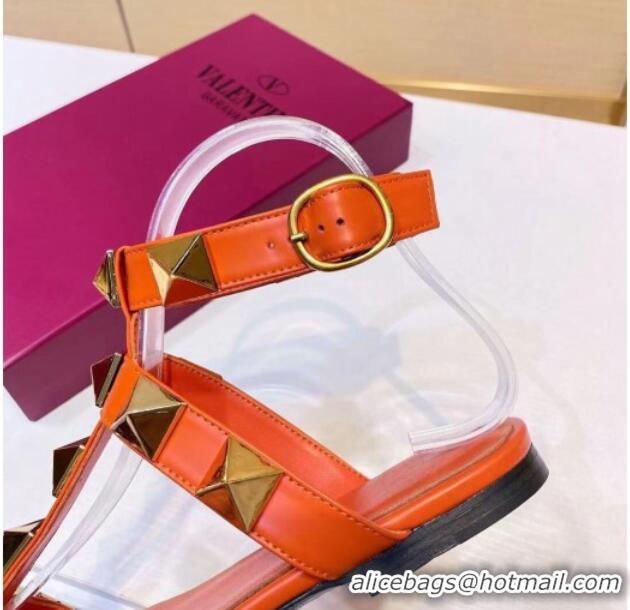 Pretty Style Valentino Roman Stud Calfskin Strap Flat Sandals 081316 Orange