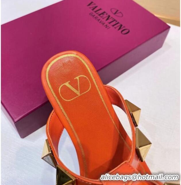 Pretty Style Valentino Roman Stud Calfskin Strap Flat Sandals 081316 Orange