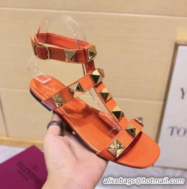 Pretty Style Valentino Roman Stud Calfskin Strap Flat Sandals 081316 Orange